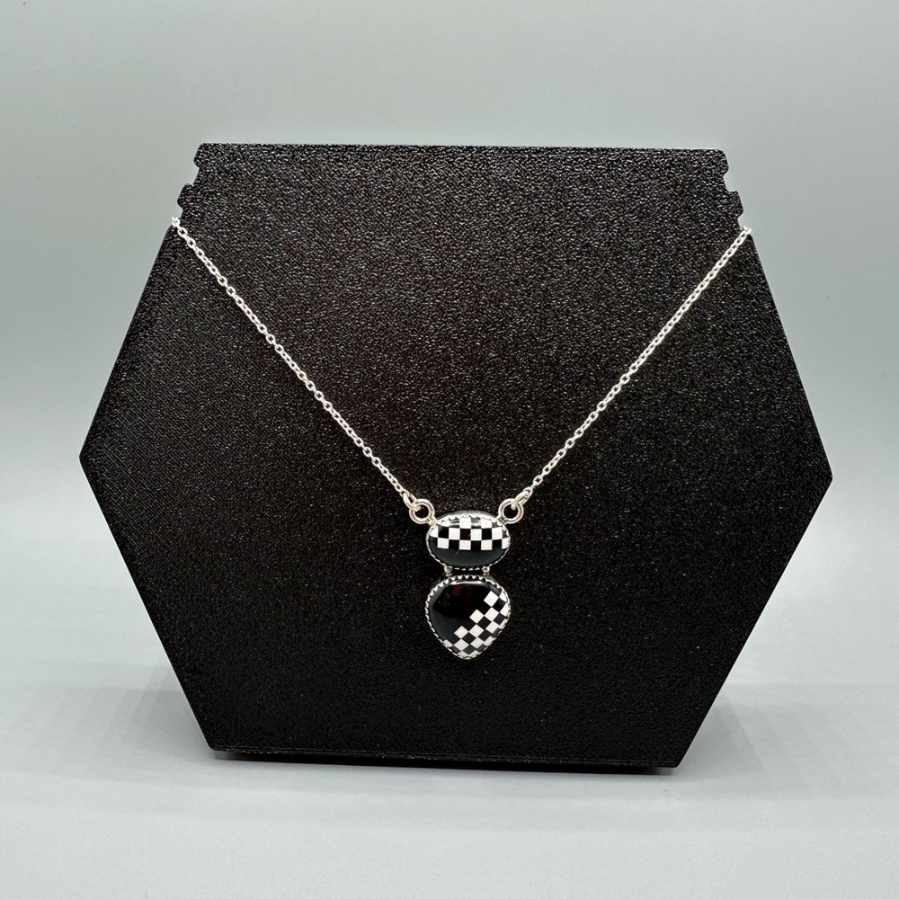 Cute Black & White Checkered 🏁 Pendant Necklace Sterling Silver 925 Handmade - Picture 4 of 7